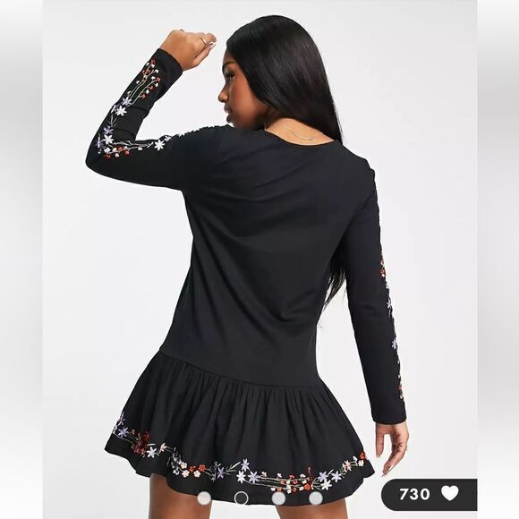 ASOS DESIGN long sleeve smock dress with pep hem with floral embroidery Size 2 - Picture 3 of 12